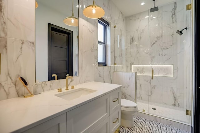 12885 Park Dr, Austin, TX 78732 - full bathroom with toilet, a marble finish shower, vanity, and tile walls