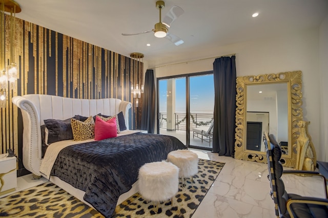 12885 Park Dr, Austin, TX 78732 - bedroom featuring marble tiled flooring, access to exterior, recessed lighting, and a ceiling fan