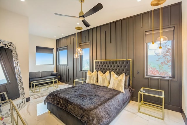 12885 Park Dr, Austin, TX 78732 - bedroom featuring recessed lighting, marble tiled flooring, baseboards, and ceiling fan