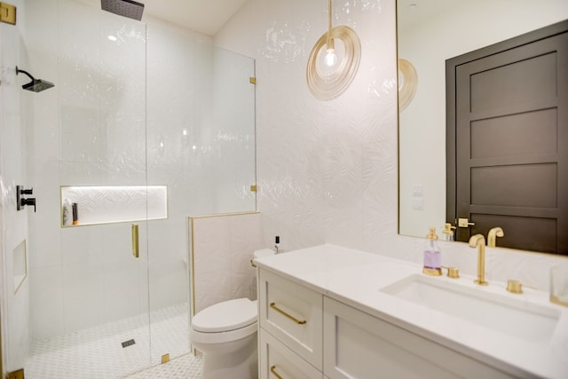 12885 Park Dr, Austin, TX 78732 - bathroom featuring vanity, toilet, and a stall shower