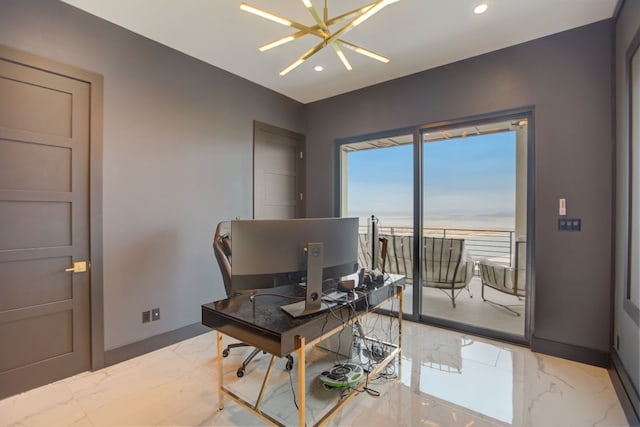 12885 Park Dr, Austin, TX 78732 - office space with light marble finish flooring, a chandelier, recessed lighting, and baseboards