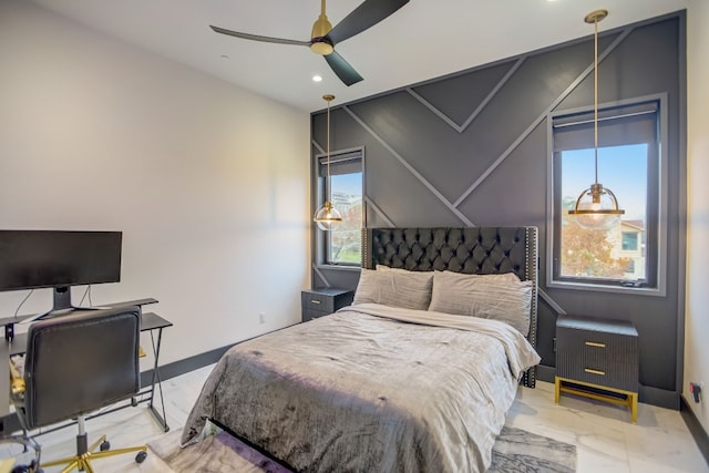 12885 Park Dr, Austin, TX 78732 - bedroom featuring marble tiled flooring, recessed lighting, baseboards, and a ceiling fan