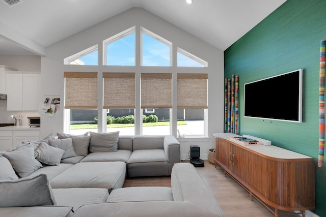 living room featuring lofted ceiling and light hardwood / wood-style floors