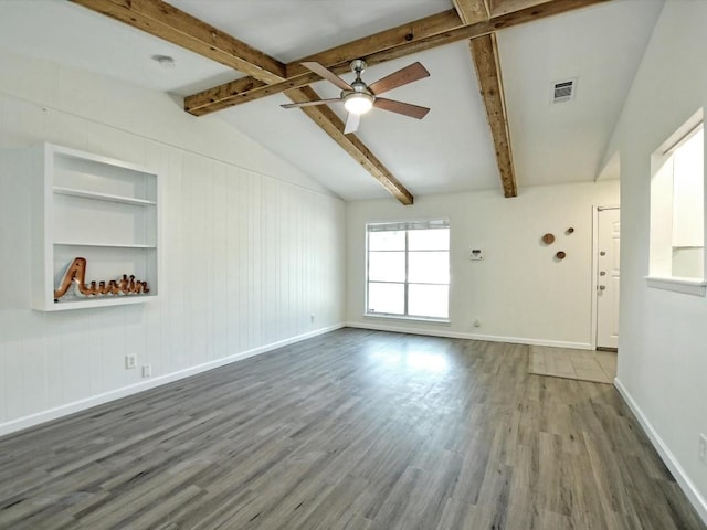 unfurnished living room featuring lofted ceiling with beams, wood-type flooring, and ceiling fan