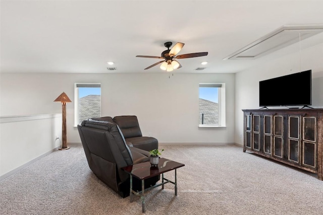 116 Big Cypress Bayou Rd, Hutto, TX 78634 - living area featuring attic access, carpet floors, ceiling fan, recessed lighting, and baseboards