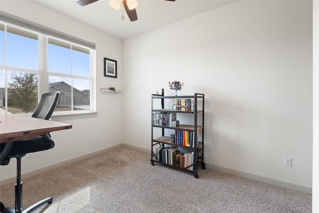 office area featuring ceiling fan and carpet flooring