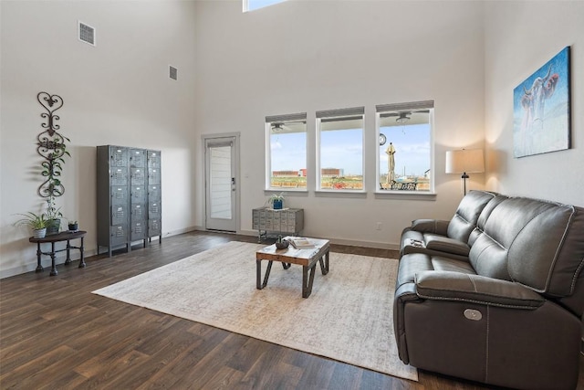 116 Big Cypress Bayou Rd, Hutto, TX 78634 - living area with plenty of natural light, dark wood finished floors, a towering ceiling, and baseboards