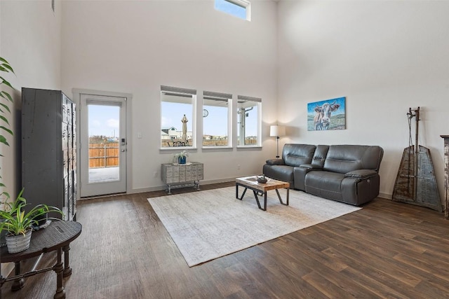 living room featuring hardwood / wood-style flooring and a towering ceiling