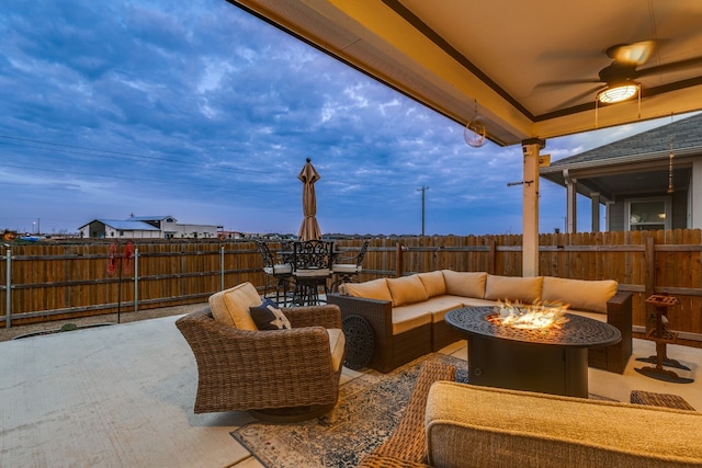 116 Big Cypress Bayou Rd, Hutto, TX 78634 - fenced backyard featuring a patio area, ceiling fan, outdoor dining area, and an outdoor living space with a fire pit