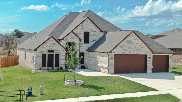 french country style house featuring a garage and a front yard