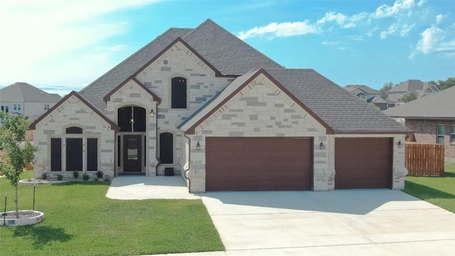 8000 Gold Dr, Killeen, TX 76542 - french country inspired facade with an attached garage, driveway, stone siding, a front lawn, and a shingled roof