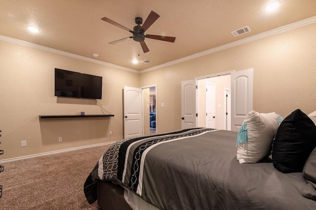 bedroom with crown molding, ceiling fan, and carpet flooring