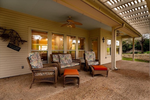 view of patio with ceiling fan, a pergola, and outdoor lounge area