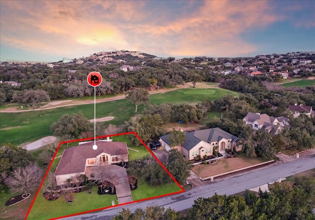 136 Clubhouse Dr, Lakeway, TX 78734 - aerial view at dusk of property parcel outlined, golf course view, and a residential view
