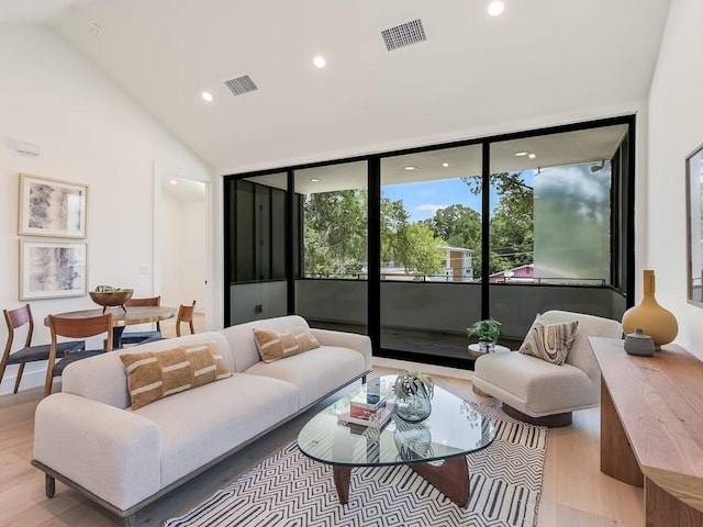 living room with lofted ceiling, light hardwood / wood-style floors, and a wall of windows