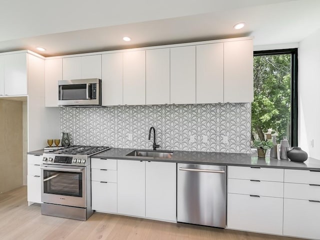 kitchen with sink, light wood-type flooring, white cabinets, stainless steel appliances, and backsplash