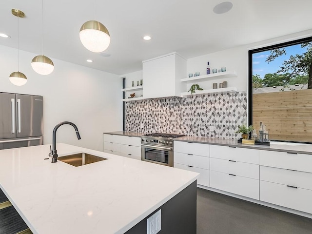 2903 E 14th St Unit 1, Austin, TX 78702 - kitchen featuring a sink, open shelves, premium appliances, modern cabinets, and tasteful backsplash