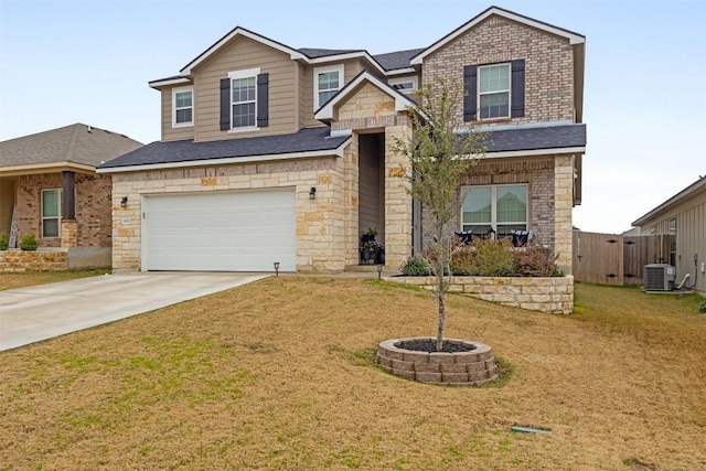 craftsman-style house with central AC unit, a garage, and a front lawn