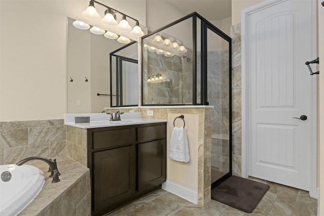 bathroom featuring vanity and plus walk in shower