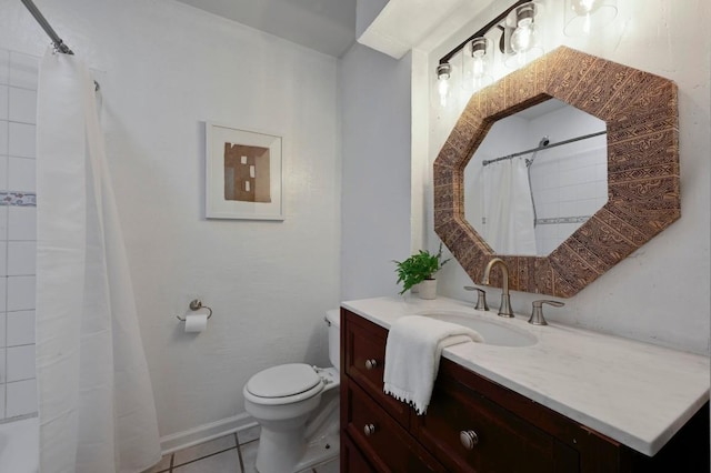 bathroom featuring vanity, curtained shower, tile patterned floors, and toilet