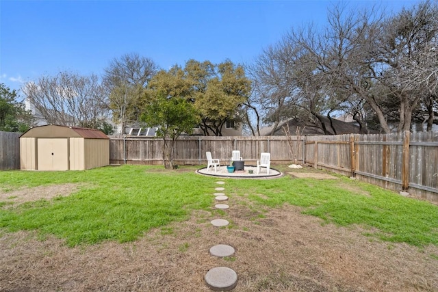 view of yard with a patio area and a storage unit