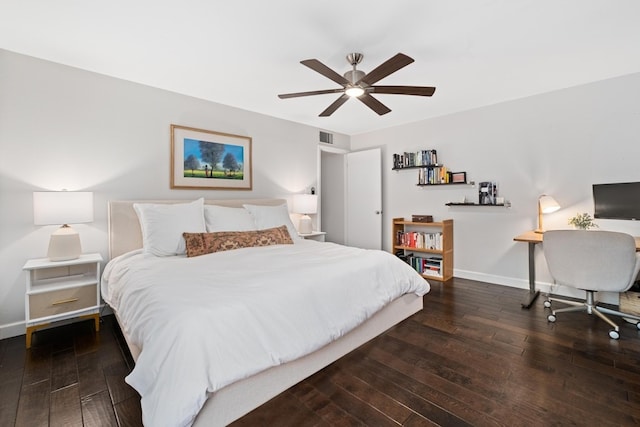 bedroom featuring ceiling fan and dark wood-type flooring