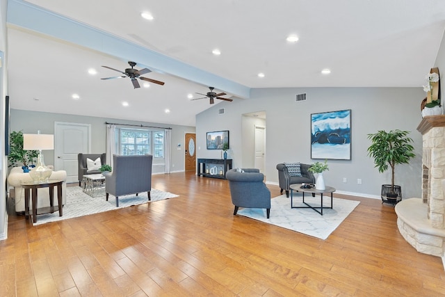 1526 Shenandoah Dr, Cedar Park, TX 78613 - living area featuring a fireplace, light wood-style floors, a ceiling fan, and recessed lighting