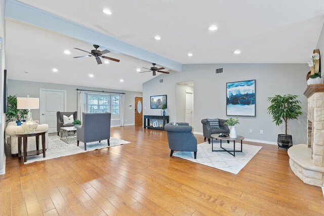 1526 Shenandoah Dr, Cedar Park, TX 78613 - living area with a fireplace, light wood-type flooring, a ceiling fan, and recessed lighting