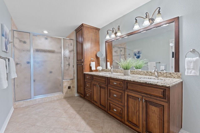 bathroom featuring vanity, tile patterned floors, and a shower with door