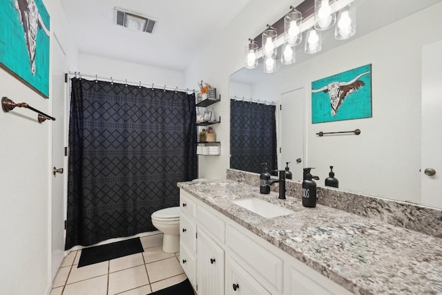 full bathroom with visible vents, toilet, a shower with shower curtain, tile patterned floors, and vanity