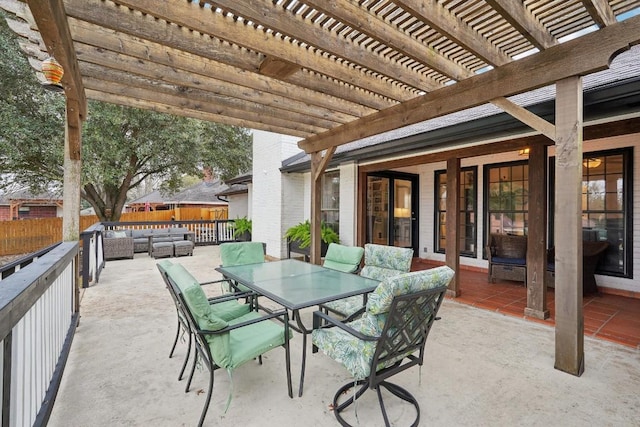 view of patio with an outdoor hangout area, a pergola, outdoor dining area, and fence