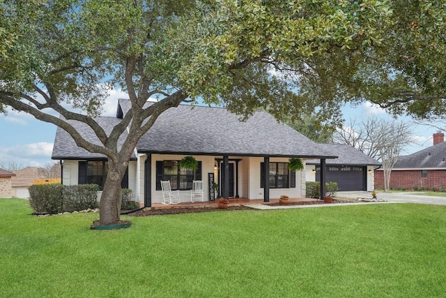 ranch-style house featuring a porch, a garage, and a front yard