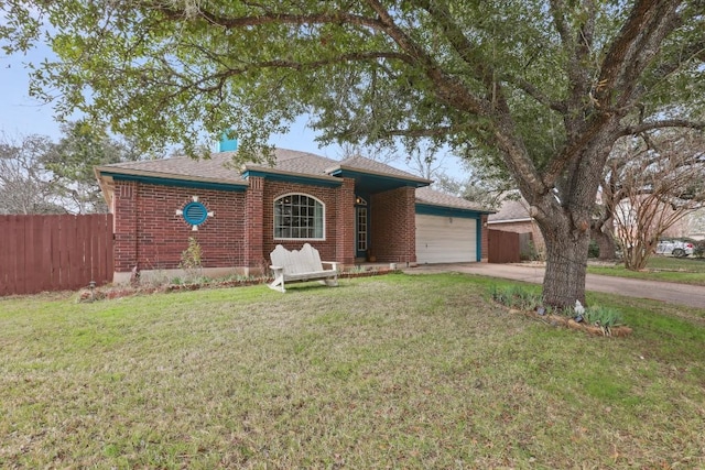 ranch-style home featuring a front yard, fence, concrete driveway, a garage, and brick siding