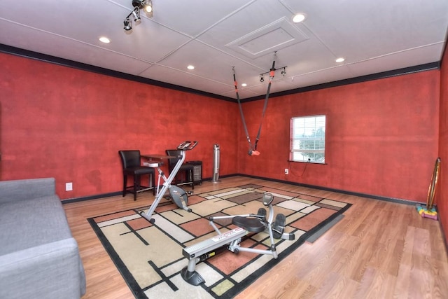 exercise room with light hardwood / wood-style floors