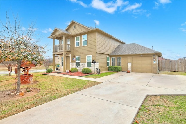 view of front facade featuring fence, an attached garage, a front yard, concrete driveway, and a balcony