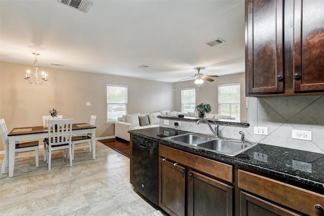 kitchen with a sink, dark brown cabinets, black dishwasher, and visible vents