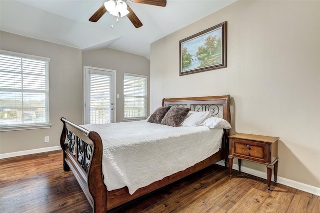bedroom featuring a ceiling fan, hardwood / wood-style floors, baseboards, access to outside, and lofted ceiling