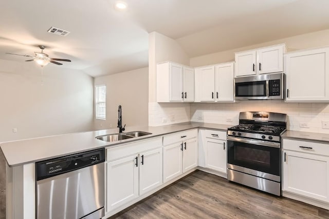 10801 Dimitrios Dr, Austin, TX 78747 - kitchen with appliances with stainless steel finishes, a peninsula, a ceiling fan, tasteful backsplash, and white cabinetry
