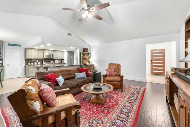 living room featuring light wood-type flooring, visible vents, high vaulted ceiling, recessed lighting, and ceiling fan