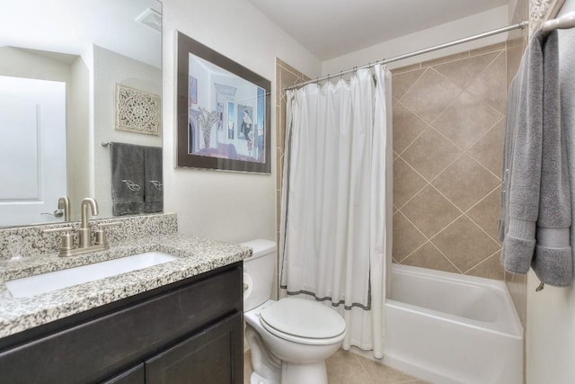 full bathroom featuring tile patterned flooring, vanity, shower / bathtub combination with curtain, and toilet