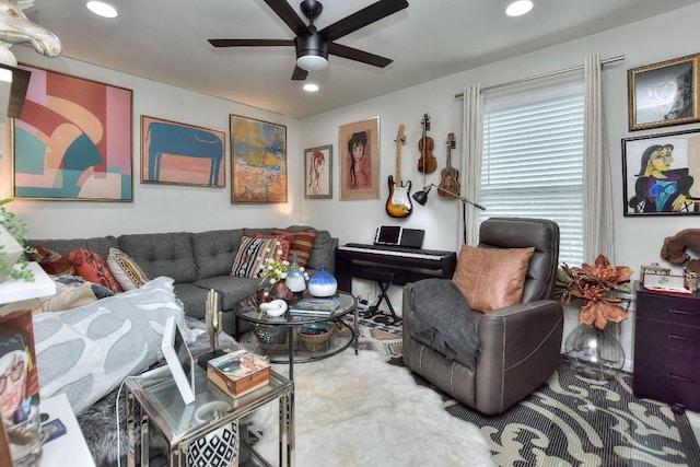 living room featuring ceiling fan