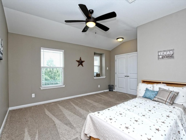 1533 Cresson Trl, Leander, TX 78641 - carpeted bedroom with baseboards, a closet, lofted ceiling, and ceiling fan