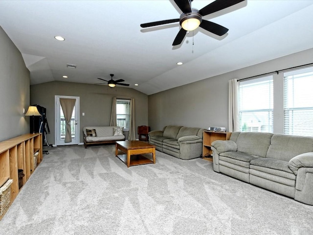 1533 Cresson Trl, Leander, TX 78641 - living room featuring vaulted ceiling, carpet flooring, ceiling fan, and recessed lighting