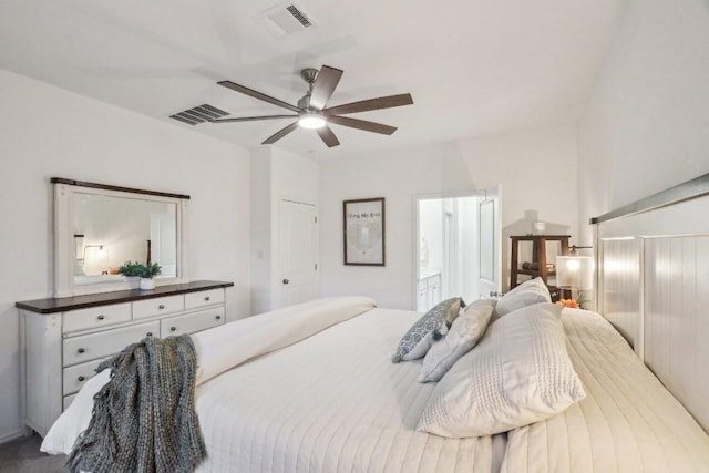 bedroom featuring connected bathroom and ceiling fan