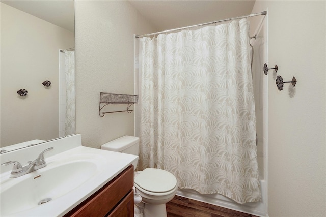18825 Golden Eagle Way, Elgin, TX 78621 - full bath with vanity, wood finished floors, and shower / tub combo with curtain