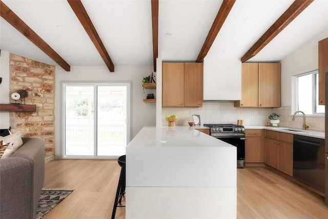 kitchen with sink, gas range, tasteful backsplash, light wood-type flooring, and black dishwasher