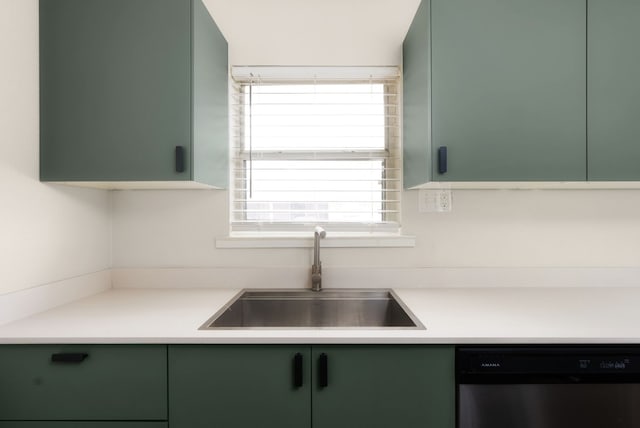 kitchen with stainless steel dishwasher, green cabinets, and sink