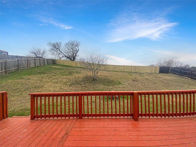 wooden terrace with a fenced backyard and a yard