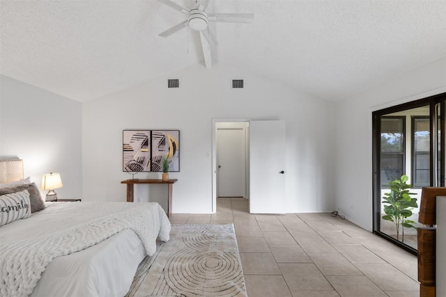 tiled bedroom with access to outside, lofted ceiling with beams, and ceiling fan