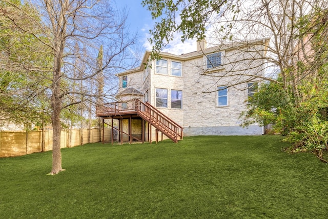 2901 Cashell Wood Dr, Cedar Park, TX 78613 - back of property with stairway, a deck, stone siding, and a chimney